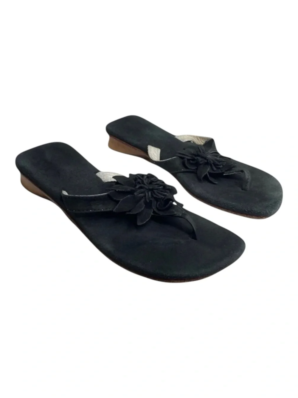 Nordstrom 𑁍 Girl’s Suede 3D Flower Thong Wood Wedge Sandals 𑁍 Black 𑁍 11.5 29 EU